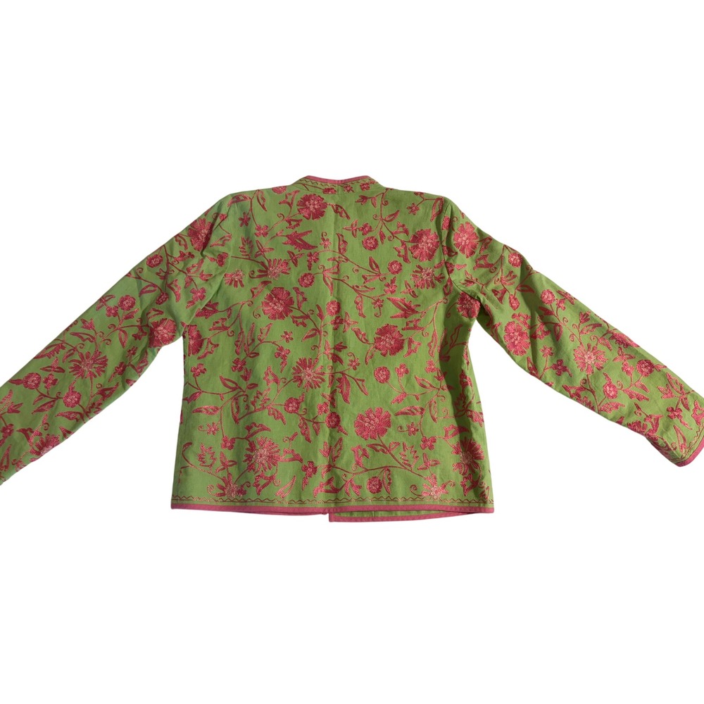 David Brooks Womens Linen Floral Embroidered Blazer Jacket Green Pink Size M - Picture 2 of 9